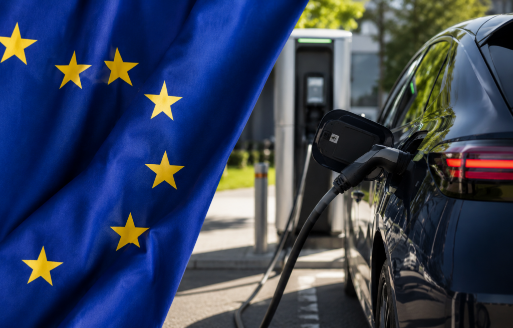 EU flag with a charging car