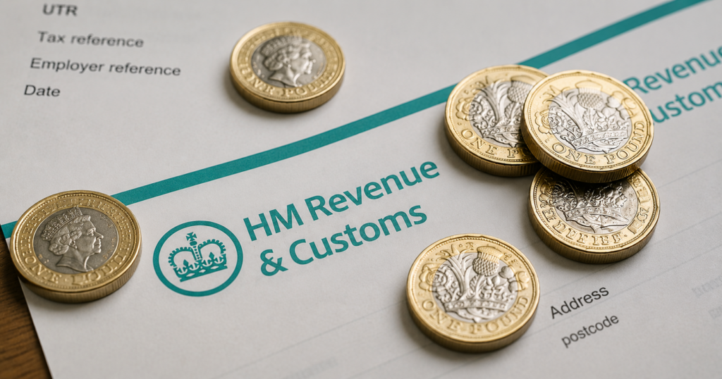 HMRC paperwork covered in pound coins