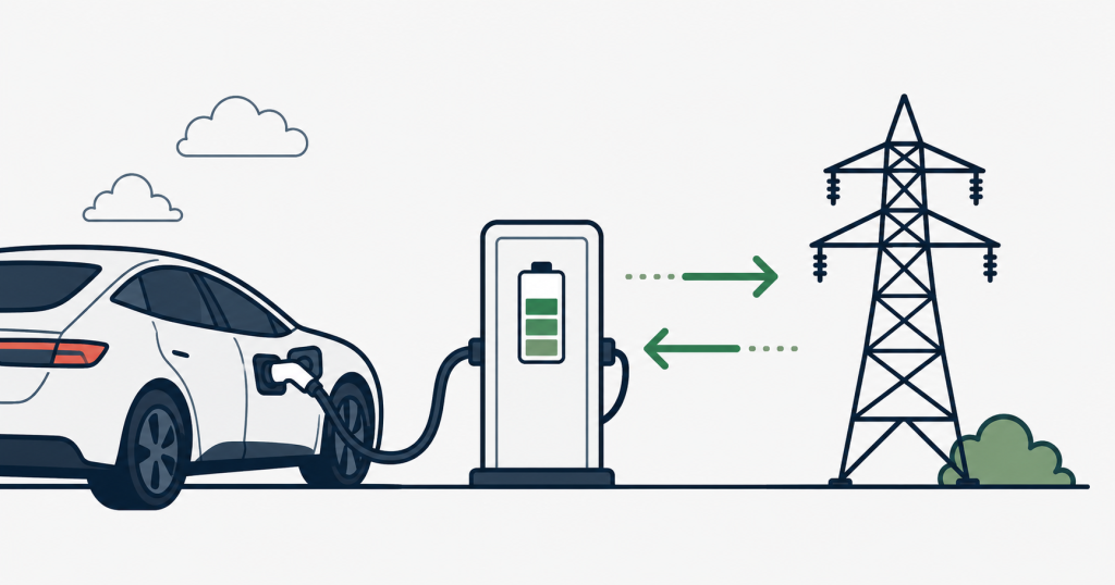 V2G illustration (car, charger, pillar)