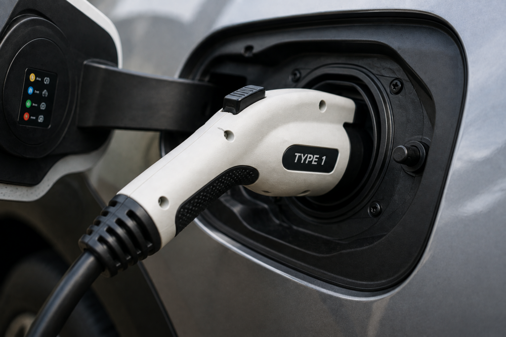 Type 1 plug connected to a vehicle