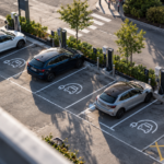 Car park from the top with some EVs charging