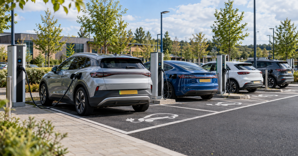 EVs charging in a car park